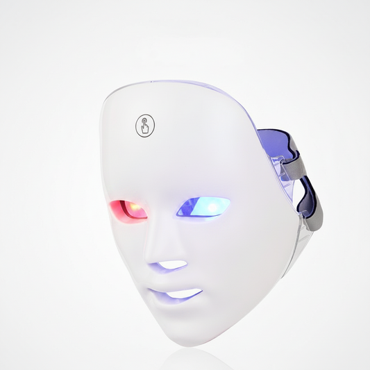White LED face mask on a light gray background