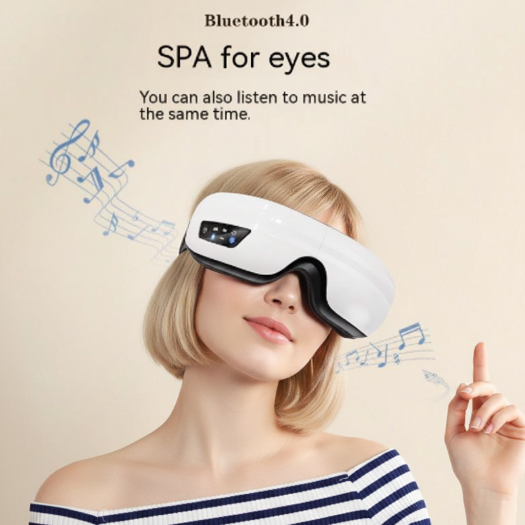 Woman wearing an eye spa device with Bluetooth 4.0 feature on a beige background