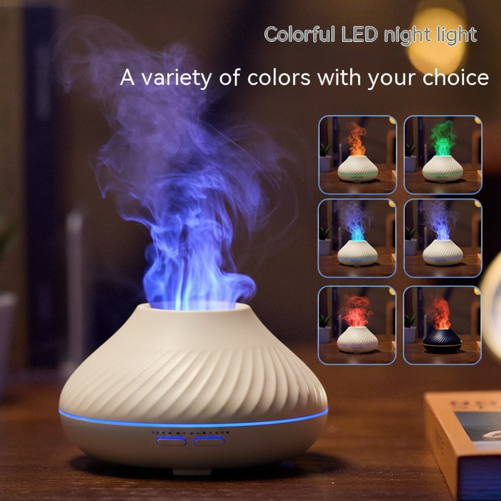 Black diffuser emitting colorful LED light with inset images of different color options.