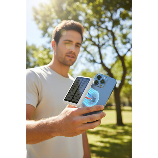 Phone case with solar panel and glowing indicator on a white background