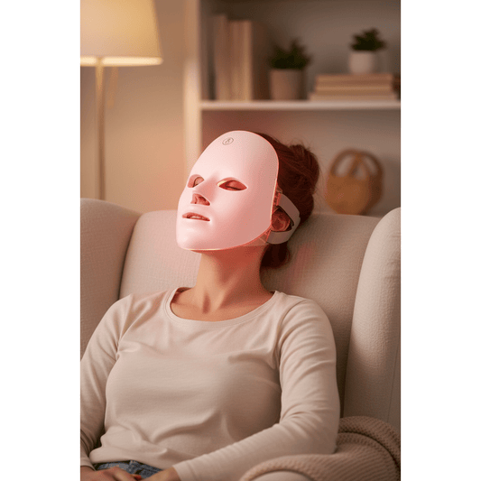 White LED face mask on a light gray background